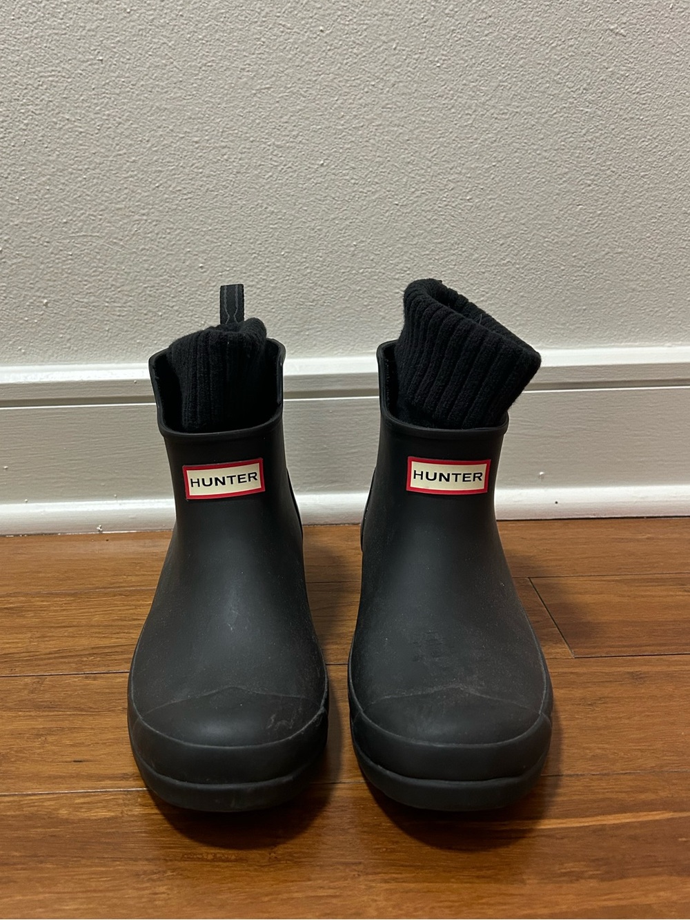 Hunter Black Short Rain Boots with Knit Socks